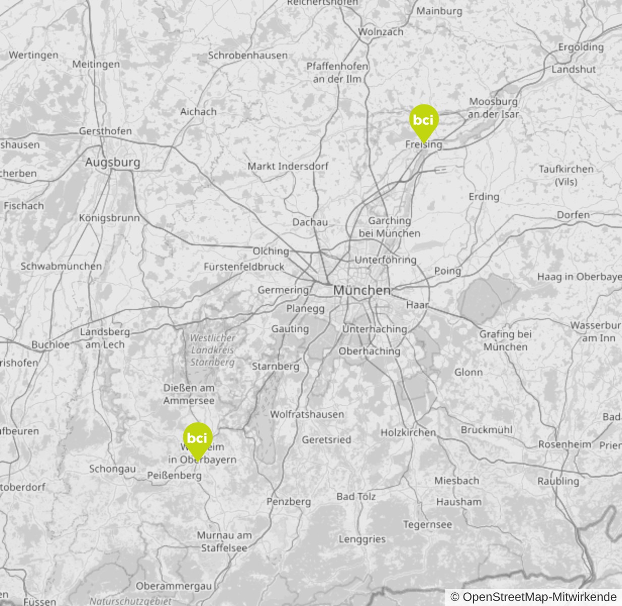 Karte: bci-Standorte Weilheim (Am Achalaich 22) und Freising (Obere Domberggasse 7)